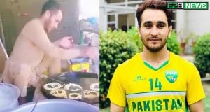 Footballer selling jilapi on the side of the road Footballer